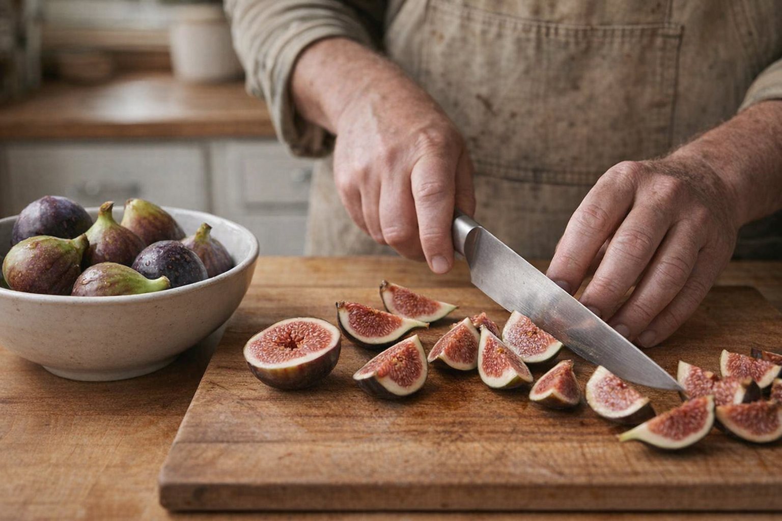 A close-up shot of hands slicing fresh figs on a wooden cutting board, with a sharp chef's knife and a bowl of washed figs nearby, natural light